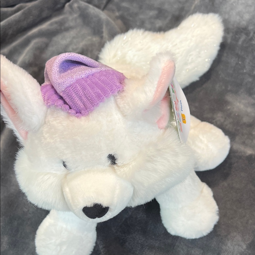 Cuddly White Fox Plush with Purple Hat